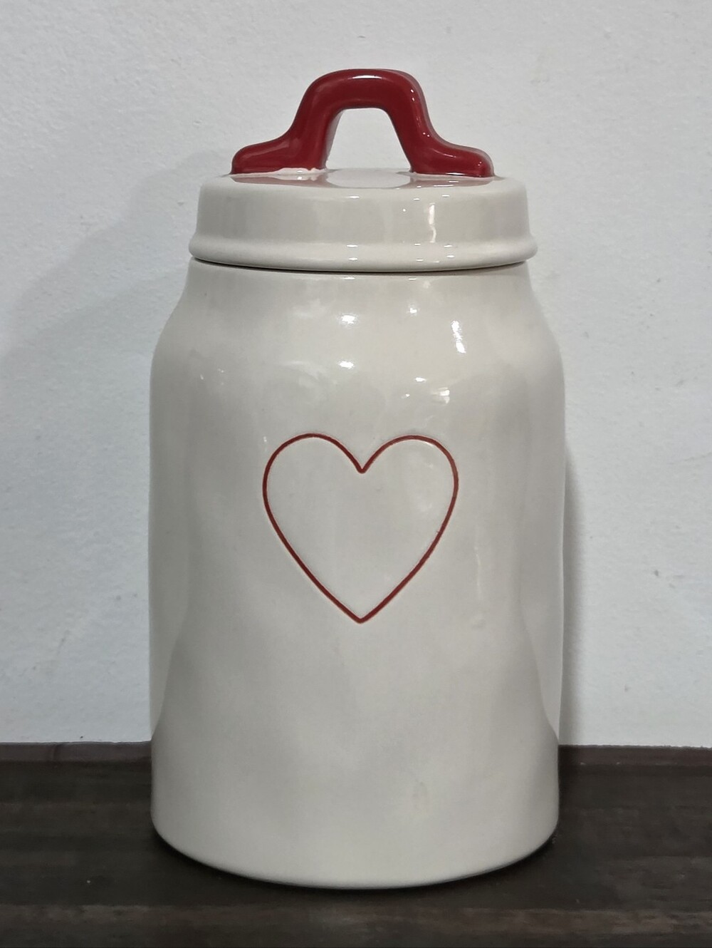 Rae Dunn Ceramic Heart Canister with Red Handle